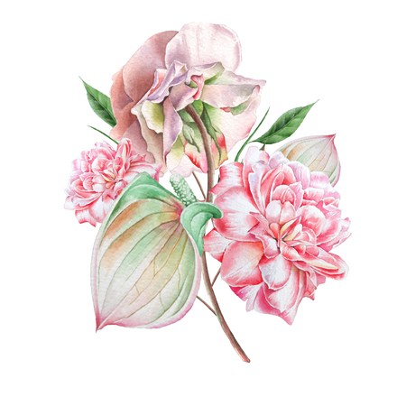 Watercolor bouquet with flowers. Rose. Anthurium. Illustration. Hand drawn.の写真素材