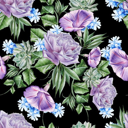Bright seamless pattern with flowers. Rose. Petunia. Hyacinth. Succulent. Watercolor illustration. Hand drawn.の写真素材