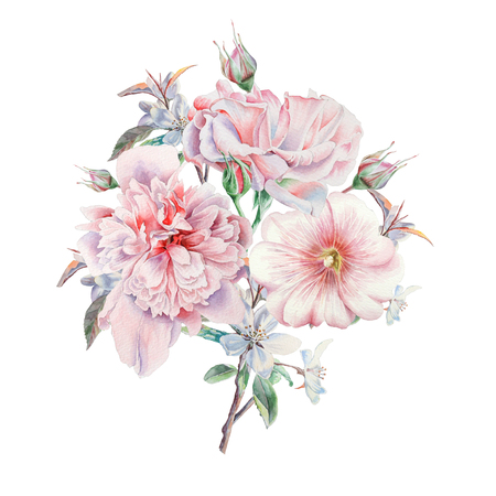 Watercolor bouquet with flowers. Rose. Peony. Mallow. Illustration. Hand drawn.の写真素材