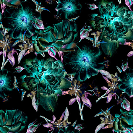 Bright seamless pattern with flowers. Rose.  Peony. Mallow. Watercolor illustration. Hand drawn.の写真素材