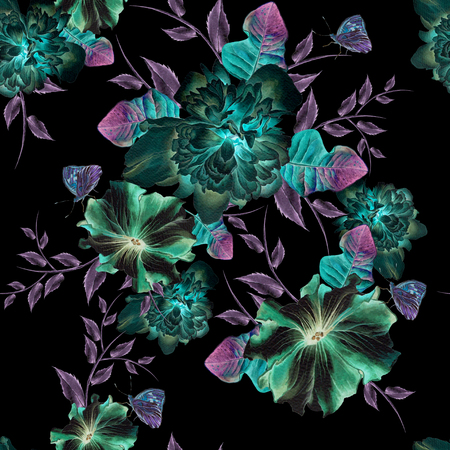 Bright seamless pattern with flowers. Peony. Petunia.  Watercolor illustration. Hand drawn.の写真素材
