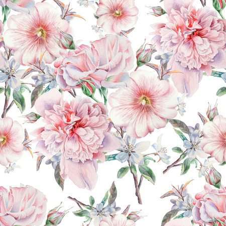 Bright seamless pattern with flowers. Rose.  Peony. Mallow. Watercolor illustration. Hand drawn.の写真素材