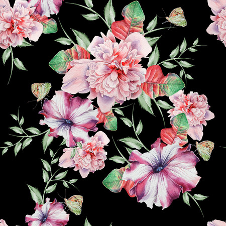 Bright seamless pattern with flowers. Peony. Petunia.  Watercolor illustration. Hand drawn.の写真素材
