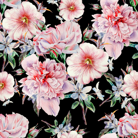 Bright seamless pattern with flowers. Rose.  Peony. Mallow. Watercolor illustration. Hand drawn.の写真素材