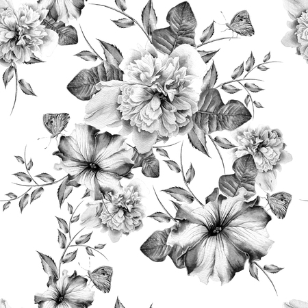 Seamless pattern with flowers. Peony. Petunia.  Watercolor illustration. Hand drawn.の写真素材