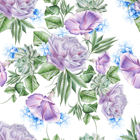 Bright seamless pattern with flowers. Rose. Petunia. Hyacinth. Succulent. Watercolor illustration. Hand drawn.の写真素材
