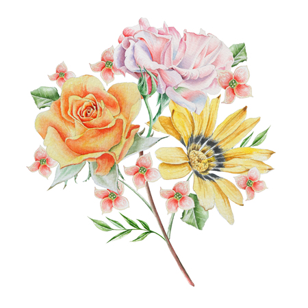 Watercolor bouquet with flowers.  Rose. Illustration. Hand drawn.の写真素材