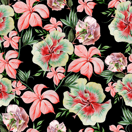 Bright seamless pattern with flowers. Rose. Hibiscus.  Watercolor illustration. Hand drawn.の写真素材
