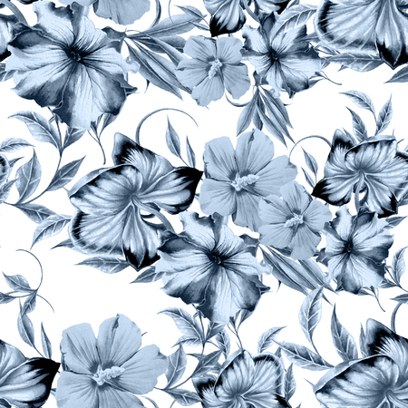 Bright seamless pattern with flowers. Orchid. Hibiscus. Petunia. Watercolor illustration. Hand drawn.の写真素材