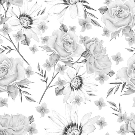 Monochrome seamless pattern with roses. Watercolor illustration. Hand drawnの写真素材