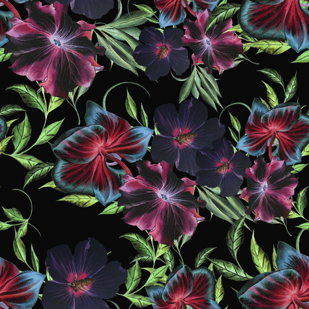 Bright seamless pattern with flowers. Orchid. Hibiscus. Petunia. Watercolor illustration. Hand drawn.の写真素材