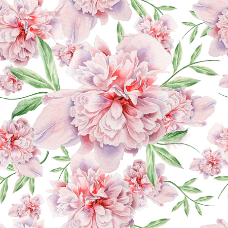 Bright seamless pattern with flowers. Peony. Watercolor illustration. Hand drawn.の写真素材