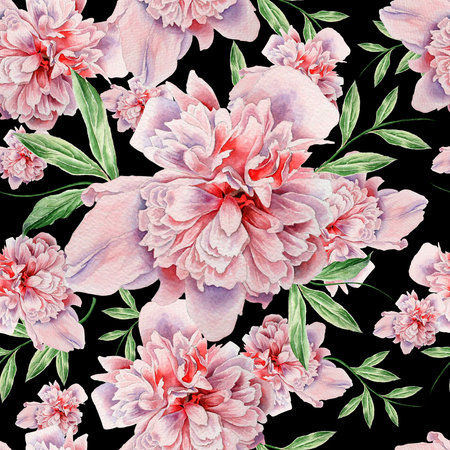 Bright seamless pattern with flowers. Peony. Watercolor illustration. Hand drawn.の写真素材