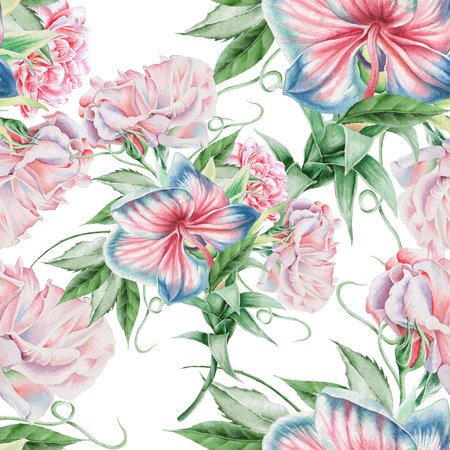 Bright seamless pattern with flowers. Rose. Orchid. Watercolor illustration. Hand drawn.の写真素材