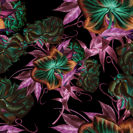 Bright seamless pattern with flowers. Rose. Orchid. Watercolor illustration. Hand drawn.の写真素材