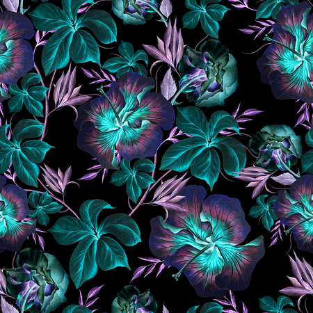Bright seamless pattern with flowers. Rose. Hibiscus.  Watercolor illustration. Hand drawn.の写真素材