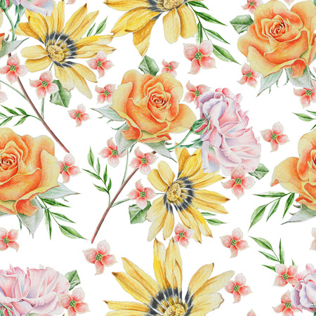 Bright seamless pattern with roses. Watercolor illustration. Hand drawnの写真素材