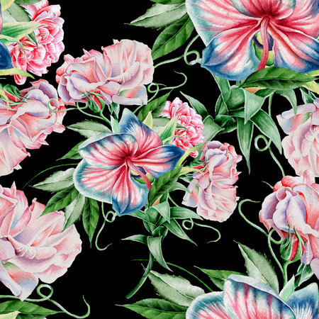 Bright seamless pattern with flowers. Rose. Orchid. Watercolor illustration. Hand drawn.の写真素材