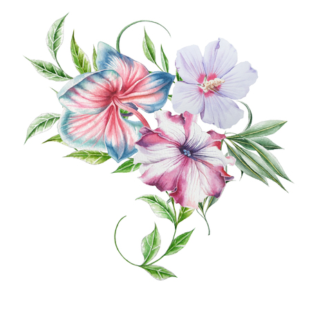 Watercolor bouquet with flowers. Orchid. Hibiscus. Petunia. Illustration. Hand drawn.の写真素材
