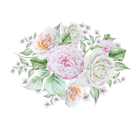 Watercolor bouquet with flowers.  Rose. Peony. Illustration. Hand drawn.の写真素材