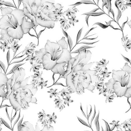 Monochrome seamless pattern with flowers. Gladiolus. Eustoma. Watercolor illustration. Hand drawn.の写真素材