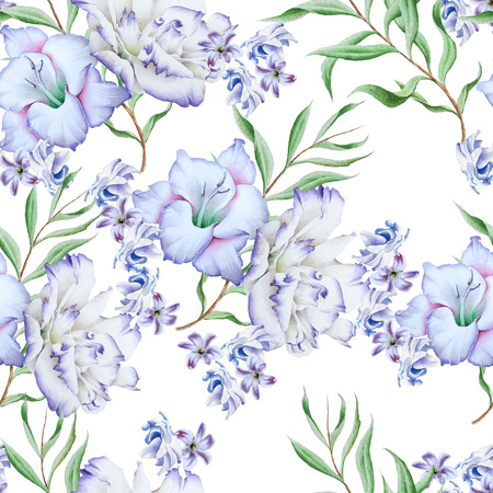 Bright seamless pattern with flowers. Gladiolus. Eustoma. Watercolor illustration. Hand drawn.の写真素材