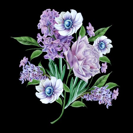 Watercolor bouquet with flowers.  Rose. Hyacinth. Anemone. Hand drawn.の写真素材