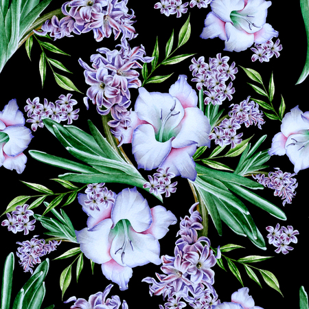 Bright seamless pattern with flowers. Gladiolus. Hyacinth. Watercolor illustration. Hand drawn.の写真素材