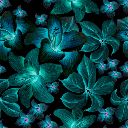 Bright seamless pattern with flowers. Lily. Hibiscus. Watercolor illustration. Hand drawn.の写真素材