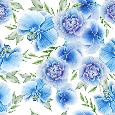 Bright seamless pattern with flowers. Peony. Orchid. Watercolor illustration.Hand drawn.の写真素材
