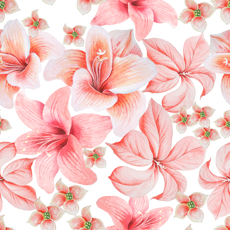 Bright seamless pattern with flowers. Lily. Hibiscus. Watercolor illustration. Hand drawn.の写真素材