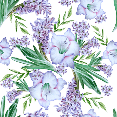 Bright seamless pattern with flowers. Gladiolus. Hyacinth. Watercolor illustration. Hand drawn.の写真素材