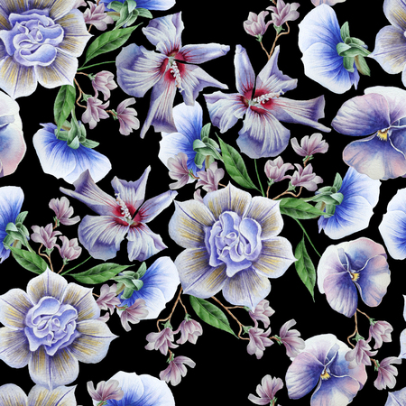 Bright seamless pattern with blue flowers. Pansies. Hibiscus. Watercolor illustration. Hand drawn.の写真素材