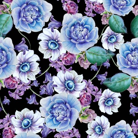 Bright seamless pattern with flowers. Anemone. Peony. Watercolor illustration. Hand drawn.の写真素材