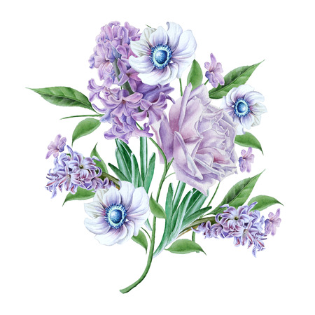 Watercolor bouquet with flowers.  Rose. Hyacinth. Anemone. Hand drawn.の写真素材