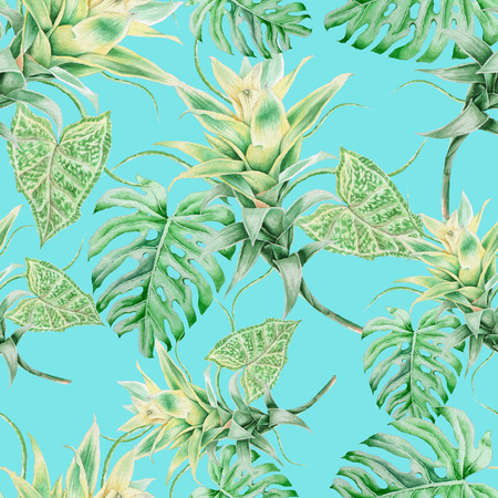 Bright seamless pattern with leaves.  Bromeliad. Monstera. Watercolor illustration. Hand drawn.の写真素材