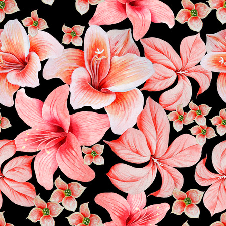 Bright seamless pattern with flowers. Lily. Hibiscus. Watercolor illustration. Hand drawn.の写真素材