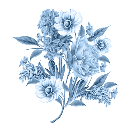 Watercolor bouquet with flowers.  Rose. Hyacinth. Anemone. Hand drawn.の写真素材
