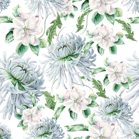 Bright seamless pattern with flowers. Blossom. Chrysanthemum. Watercolor illustration. Hand drawn.の写真素材