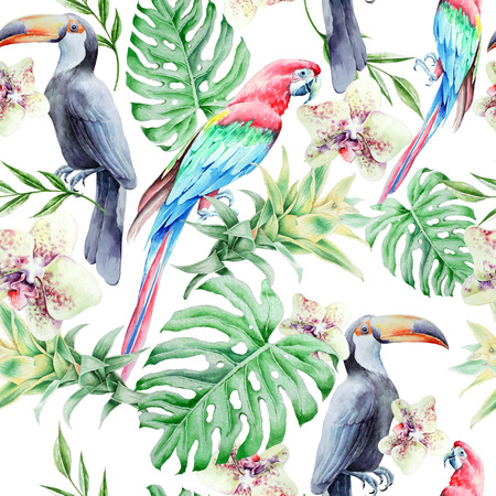 Tropical seamless pattern with birds leaves and flowers. Parrot. Tucan.; Monstera. Orchid. Bromeliad.; Watercolor illustration. Hand drawn.の写真素材
