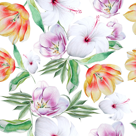 Bright seamless pattern with flowers. Tulip. Hibiscus. Watercolor illustration. Hand drawn.の写真素材