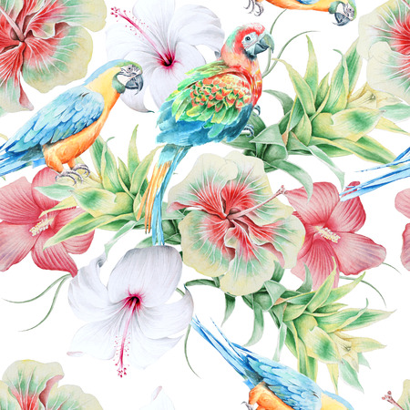 Bright seamless pattern with parrots and flowers. Hibiscus. Bromeliad. Watercolor illustration. Hand drawn.の写真素材