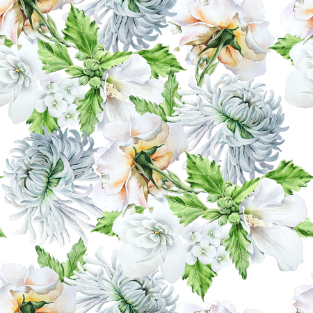 Bright seamless pattern with flowers. Chrysanthemum.  Mallow. Rose. Watercolor illustration. Hand drawn.の写真素材