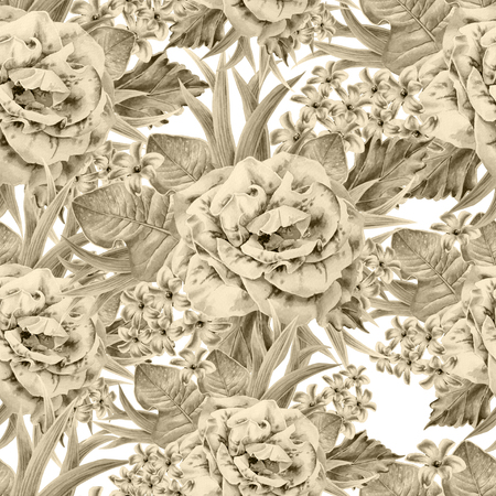 Seamless pattern with flowers. Leaves. Rose. Watercolor illustration.Hand drawn.の写真素材
