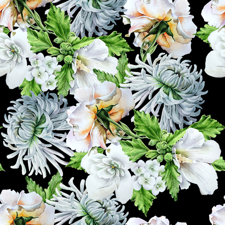 Bright seamless pattern with flowers. Chrysanthemum.  Mallow. Rose. Watercolor illustration. Hand drawn.の写真素材