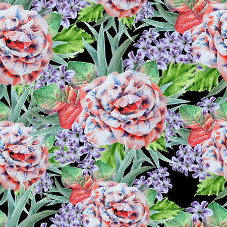Bright seamless pattern with flowers. Leaves. Rose. Watercolor illustration. Hand drawn.の写真素材