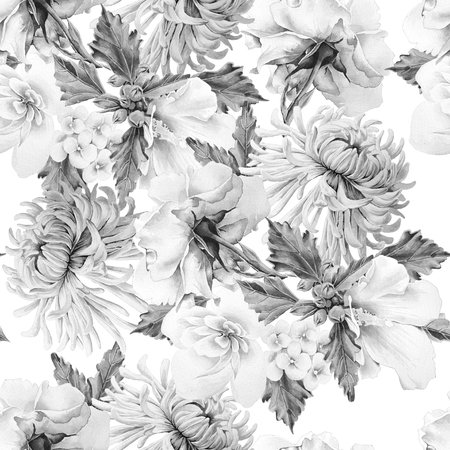 Monochrome seamless pattern with flowers. Chrysanthemum.  Mallow. Rose. Watercolor illustration. Hand drawn.の写真素材