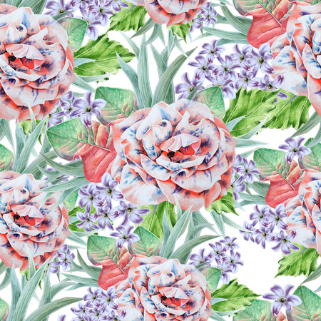 Bright seamless pattern with flowers. Leaves. Rose. Watercolor illustration. Hand drawn.の写真素材