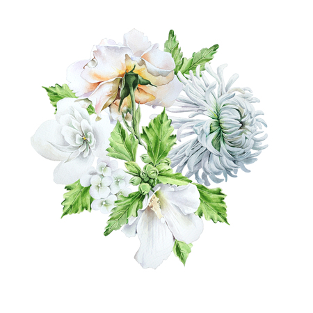 Watercolor bouquet with flowers.   Chrysanthemum.  Mallow. Rose. Watercolor illustration. Hand drawn.の写真素材