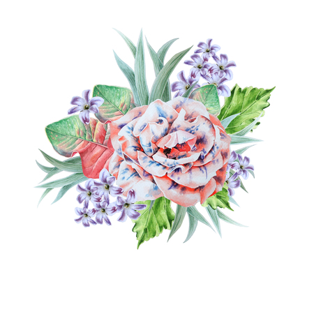 Watercolor bouquet with flowers.   Leaves. Rose. Watercolor illustration. Hand drawn.の写真素材